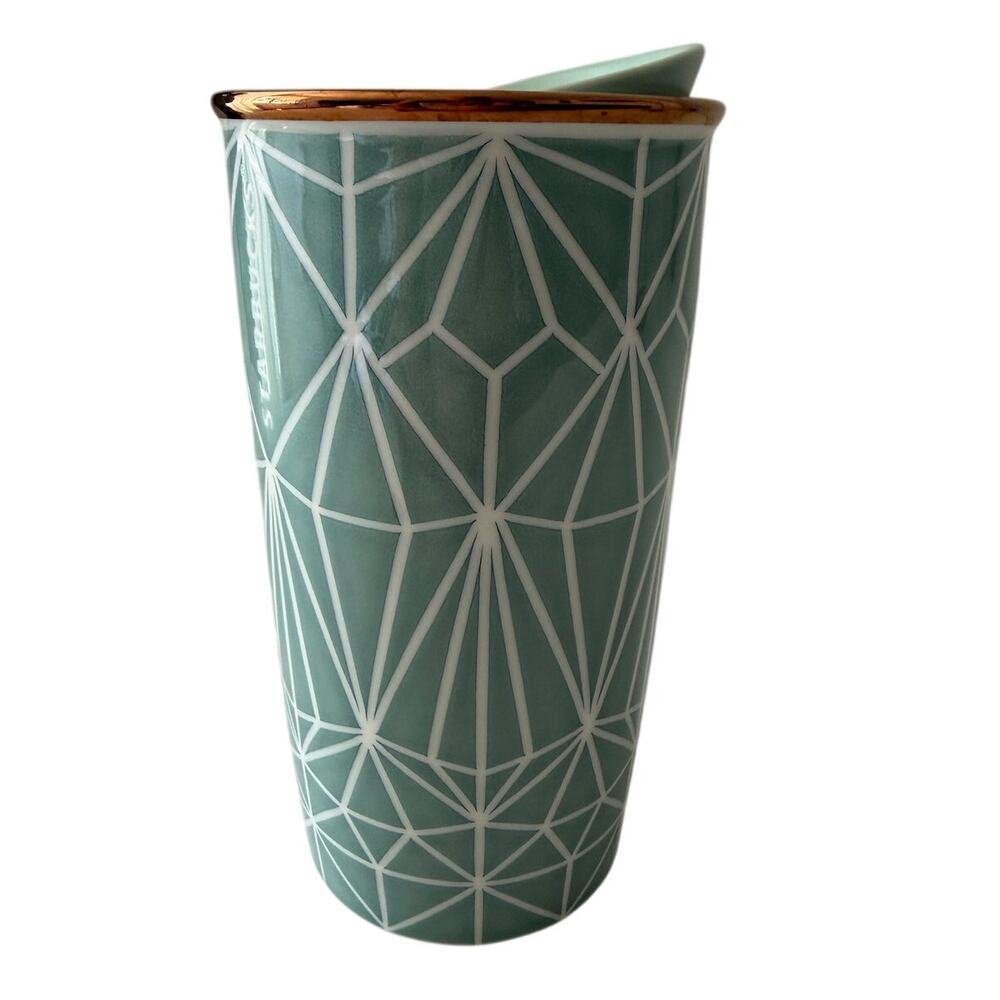 STARBUCKS 2017 Ceramic Green Diamond Geometric Travel Mug Tumbler 12 Ounces LN